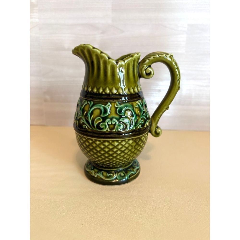 Vintage Lefton Japan Green Ceramic Pitcher Vase 4552 Mid Century Ewer Embossed